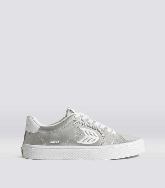 SALVAS Metallic Silver Leather White Logo Sneaker Women