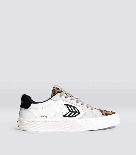 SALVAS White Leather Leopard Print Suede Black Logo Sneaker Men