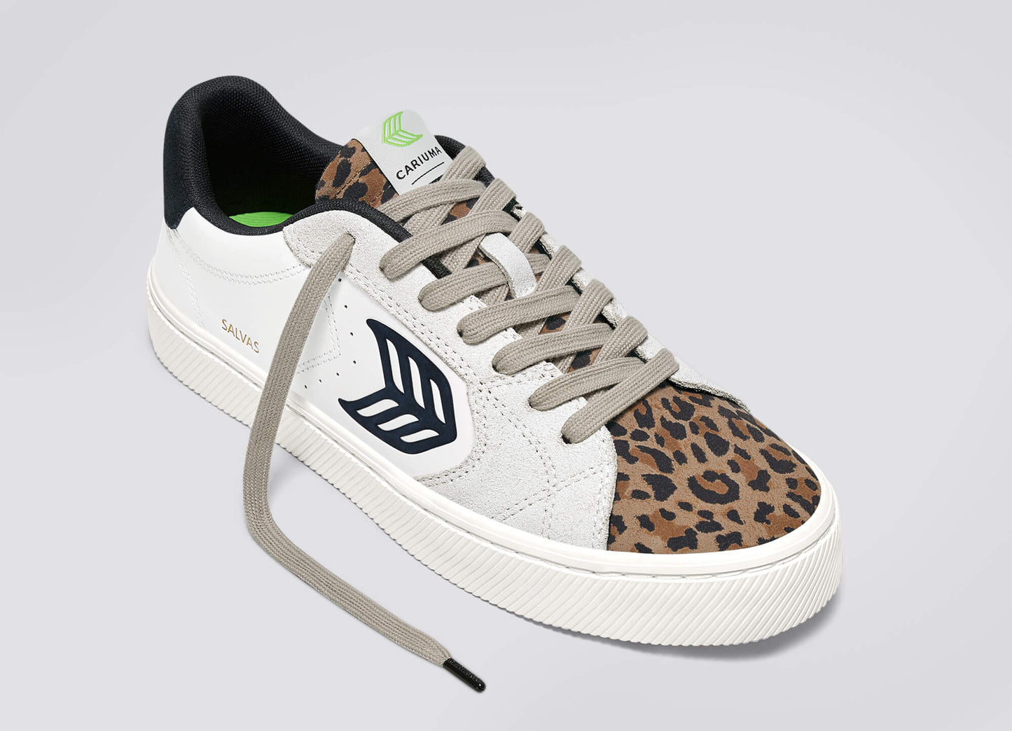 SALVAS White Leather Leopard Print Suede Black Logo Sneaker Men