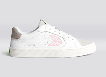 SALVAS White Premium Leather Vintage White Suede Rose Logo Sneaker Women