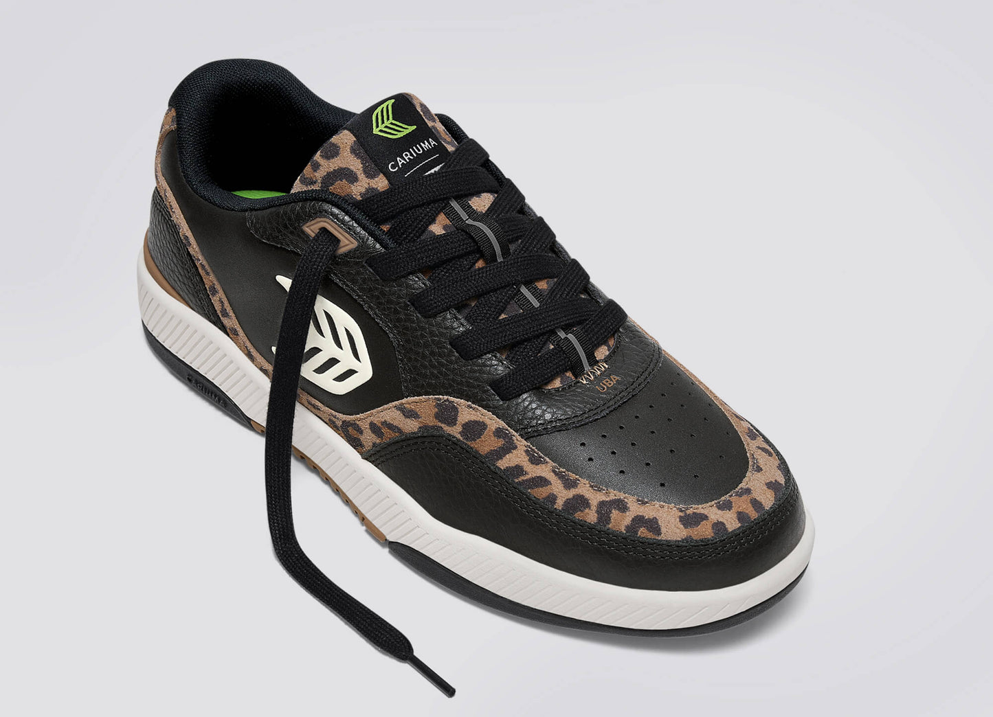 UBA Black Leather Leopard Print Suede Ivory Logo Sneaker Women