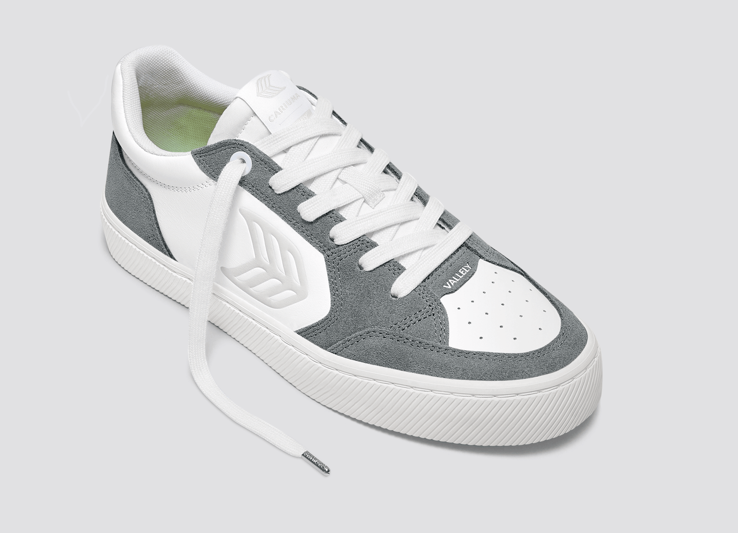 VALLELY White Leather Charcoal Grey Suede Ice Logo Sneaker Women