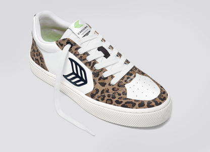 VALLELY White Leather Leopard Print Suede Black Logo Sneaker Women